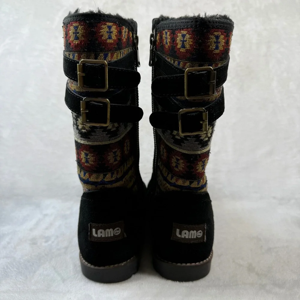 Lam Malanie Black Suede‎ Southwestern Tribal Buckle Mid-Calf Winter Boots 7